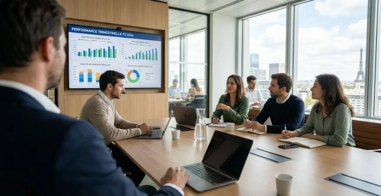 Une équipe commerciale en réunion vue de dos observe un grand écran affichant des graphiques de performance dans un bureau moderne lumineux