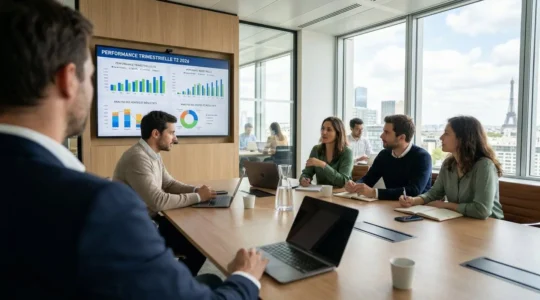 Une équipe commerciale en réunion vue de dos observe un grand écran affichant des graphiques de performance dans un bureau moderne lumineux