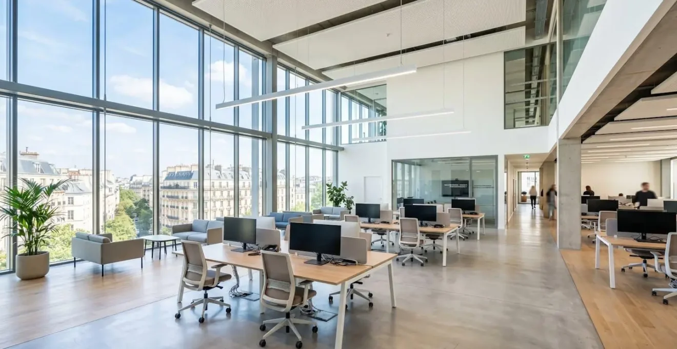 Openspace de bureau commercial moderne et lumineux avec grandes fenêtres, lignes épurées et design contemporain français, espace vide ou présence humaine floue en arrière-plan