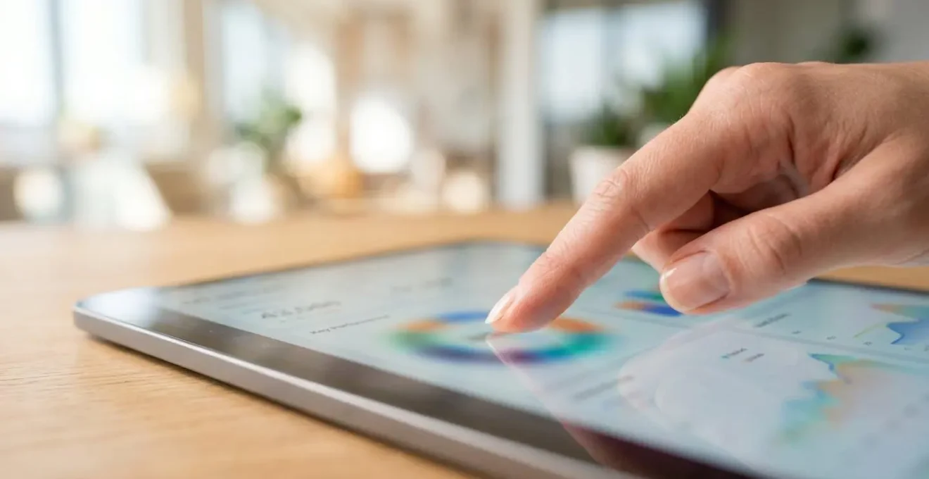 Gros plan sur une tablette affichant un tableau de bord commercial avec des graphiques, une main pointe un indicateur de performance
