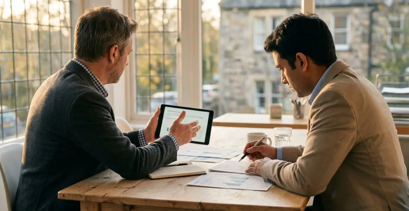Un banquier et un chef d'entreprise échangent autour d'une tablette et de documents dans un bureau lumineux.