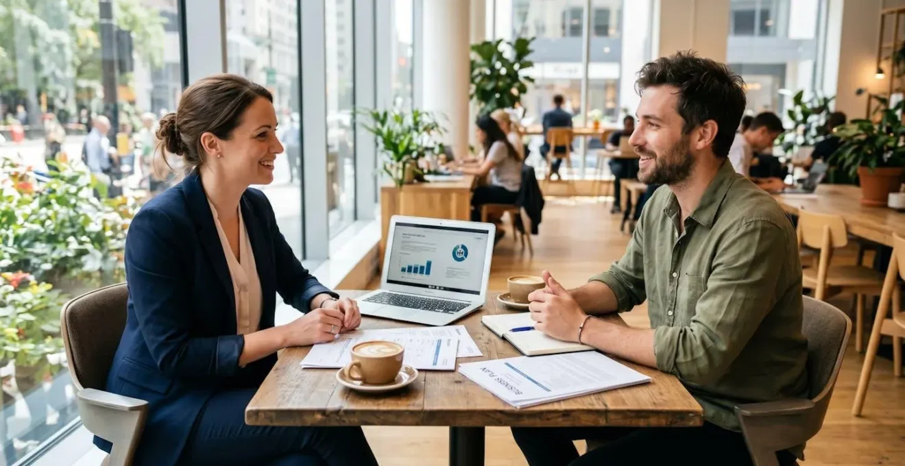 Conseillère bancaire professionnelle discutant avec un entrepreneur dans un espace de coworking moderne