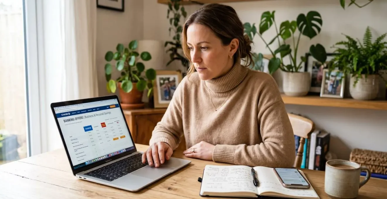 Entrepreneur analysant différentes offres bancaires professionnelles sur son ordinateur portable