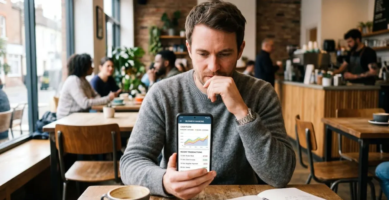 Entrepreneur vérifiant son tableau de bord bancaire professionnel sur son smartphone dans un café