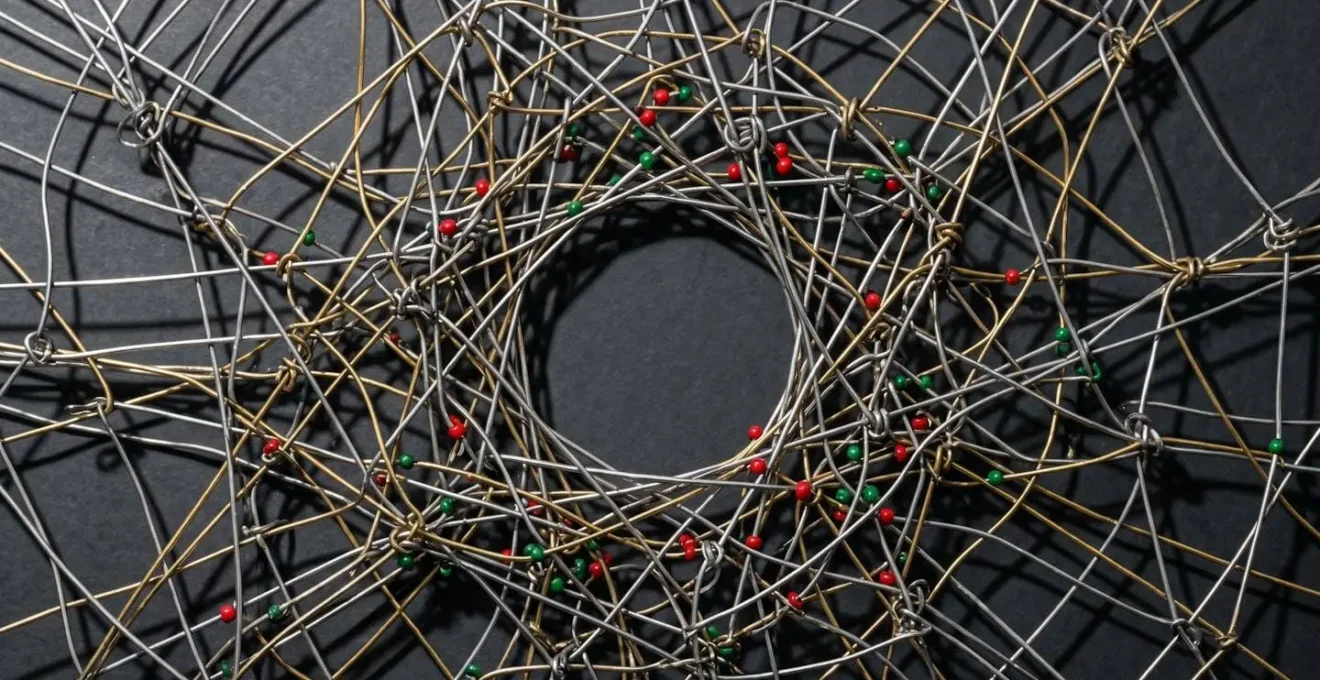 Maquette de fils métalliques entrelacés avec des billes rouges et vertes, symbolisant la complexité des flux de trésorerie non centralisés.