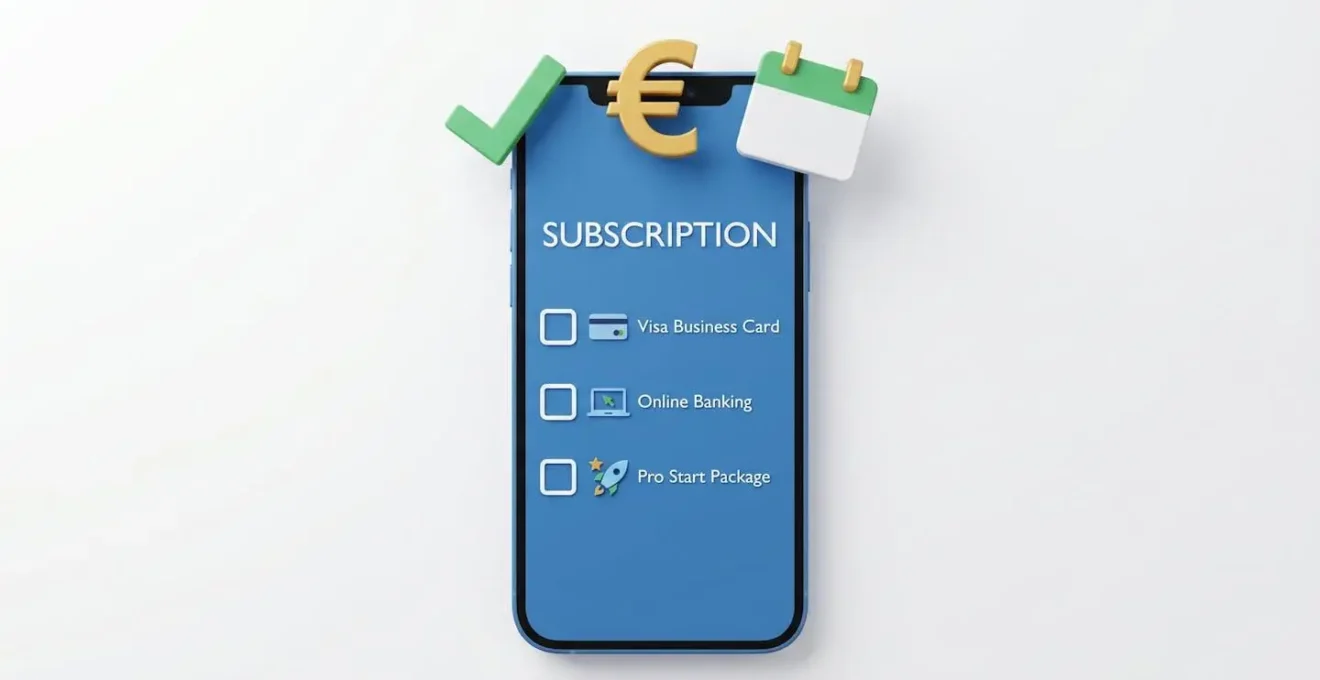 Smartphone affichant une interface de souscription à une offre bancaire professionnelle avec options à cocher.
