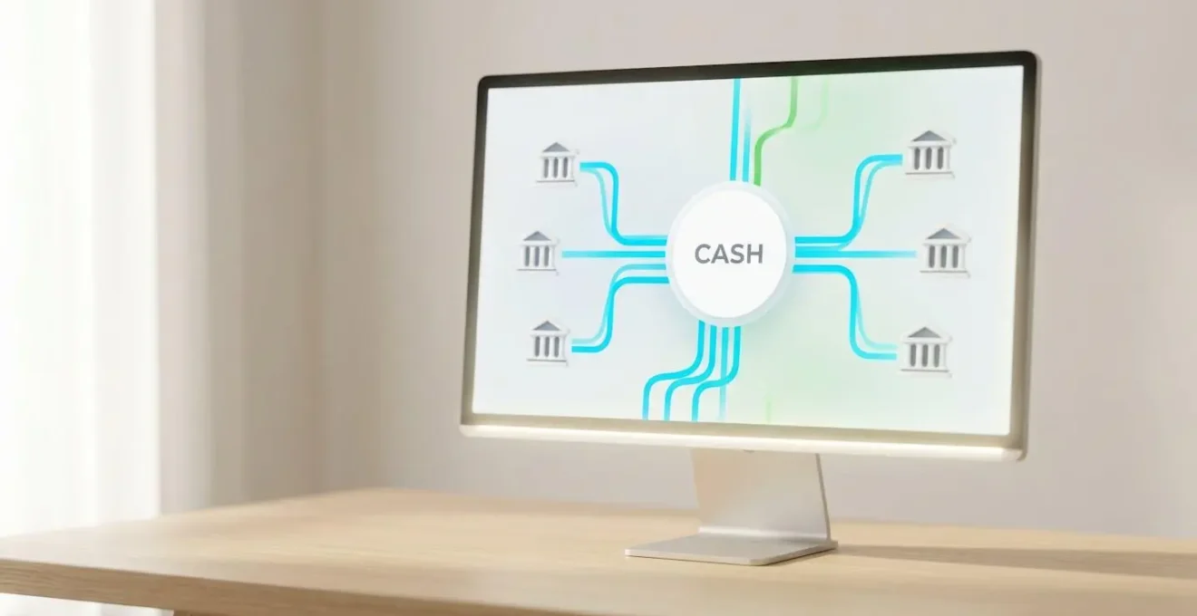 Tableau de bord épuré sur un bureau en bois, montrant des connexions lumineuses entre des comptes bancaires centralisés.
