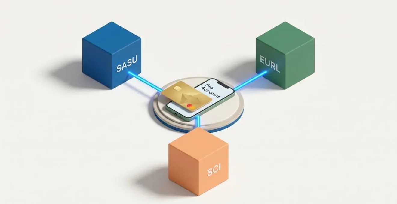 Trois cubes colorés représentant SASU, EURL et SCI reliés à une carte bancaire centrale symbolisant l'ouverture d'un compte professionnel.
