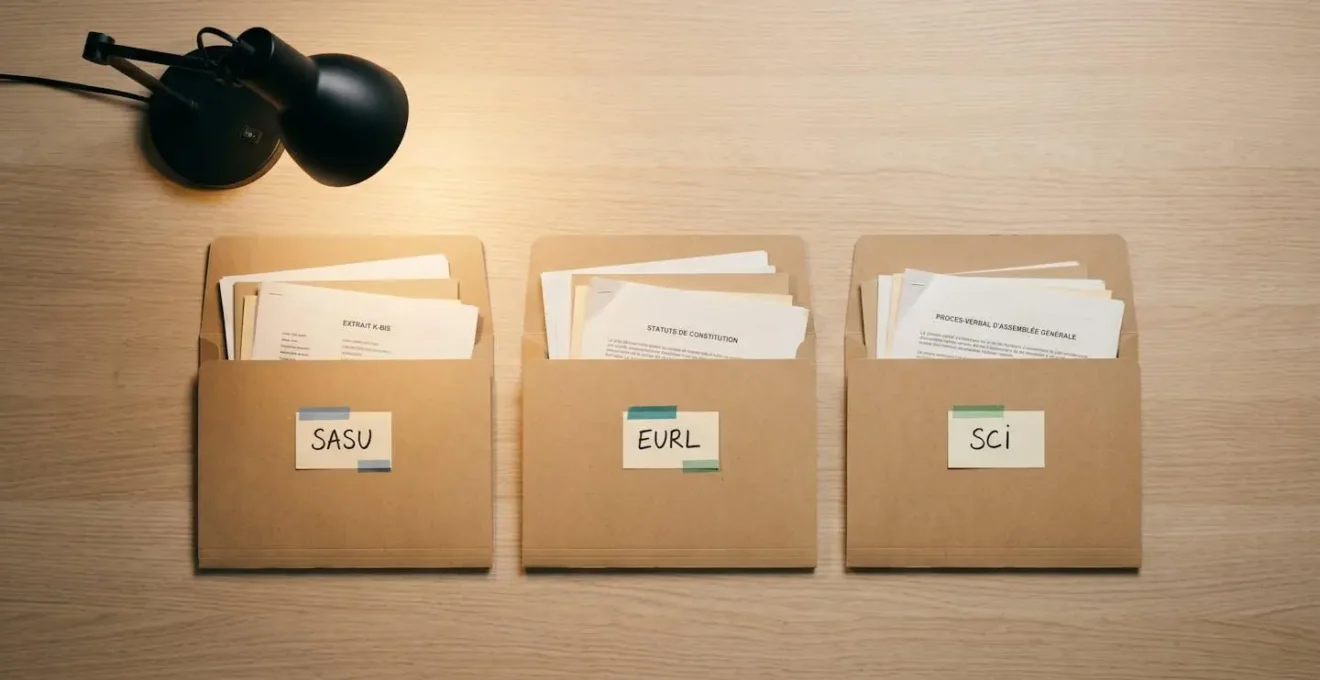 Trois dossiers ouverts étiquetés SASU, EURL et SCI contenant des documents d'identité et des extraits K-bis.