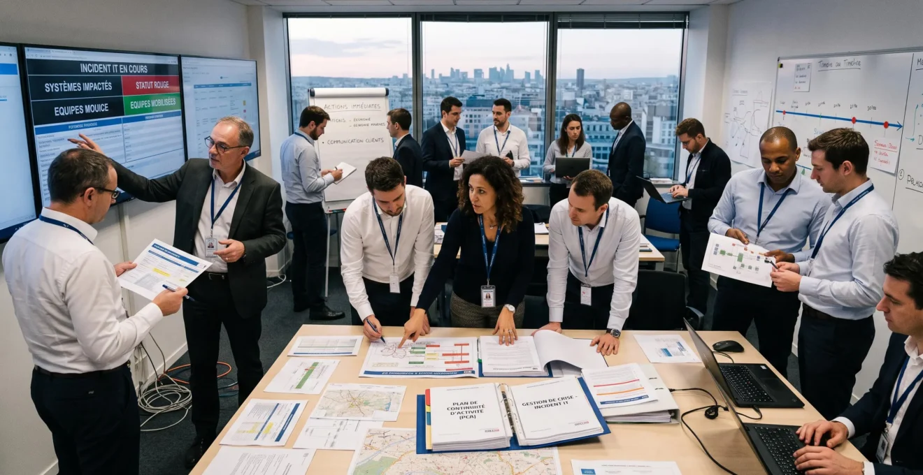 Équipe de continuité d'activité en coordination active dans une cellule de crise d'entreprise, gérant une situation d'incident informatique avec documentation du plan de continuité