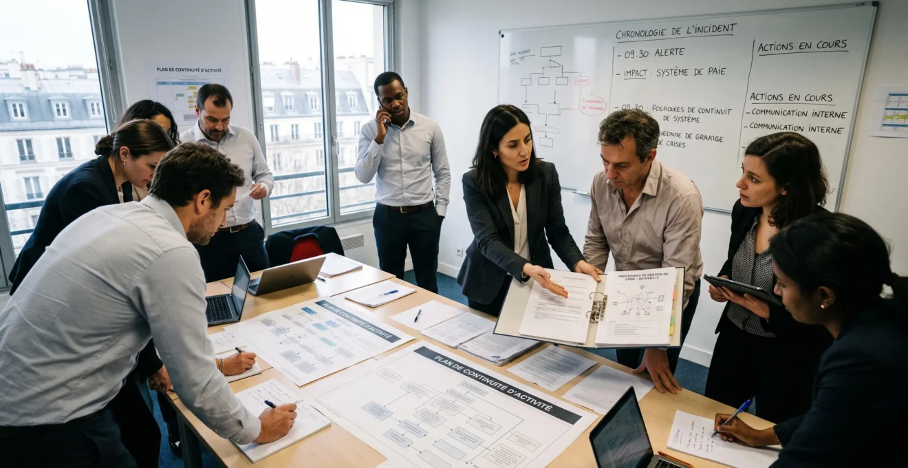 Technicien contrôlant l'infrastructure de serveurs redondants dans un centre de données sécurisé moderne, avec rangées de baies serveurs et systèmes de monitoring