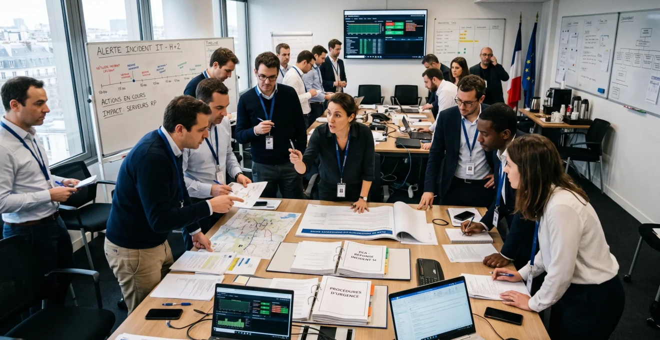 Responsable juridique d'entreprise traitant l'envoi de lettres recommandées électroniques urgentes, entouré de dossiers de contentieux et de documentation légale sur son bureau