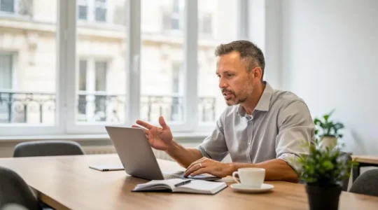 Un consultant indépendant en mission travaille sur son ordinateur portable dans un espace de coworking lumineux en France.
