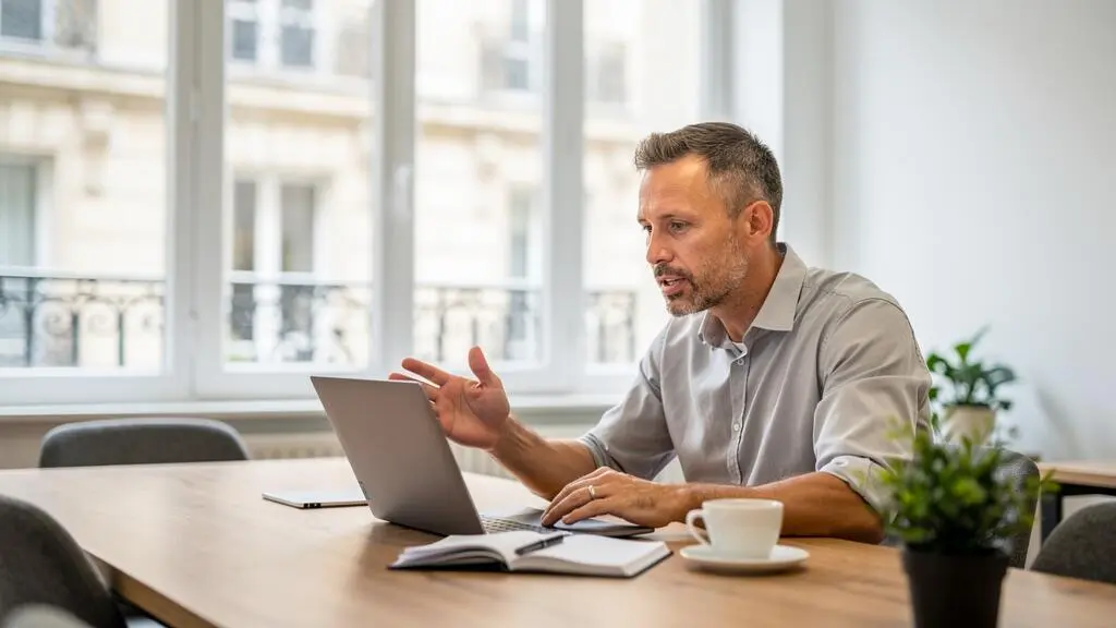 Un consultant indépendant en mission travaille sur son ordinateur portable dans un espace de coworking lumineux en France.