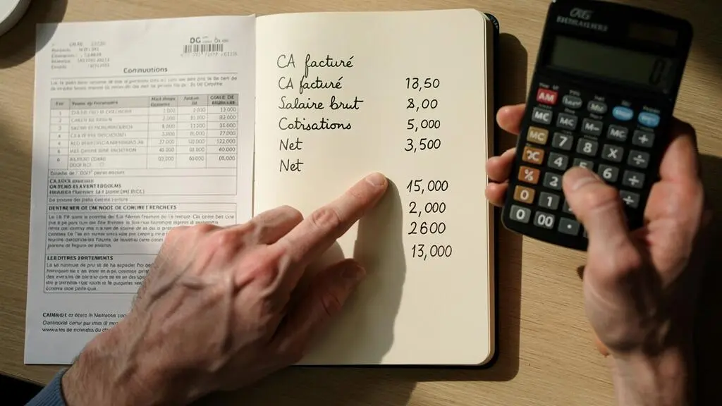 Les mains d'un freelance calculant ses revenus mensuels avec une calculatrice, un carnet de chiffres et une fiche de paie posés sur un bureau.