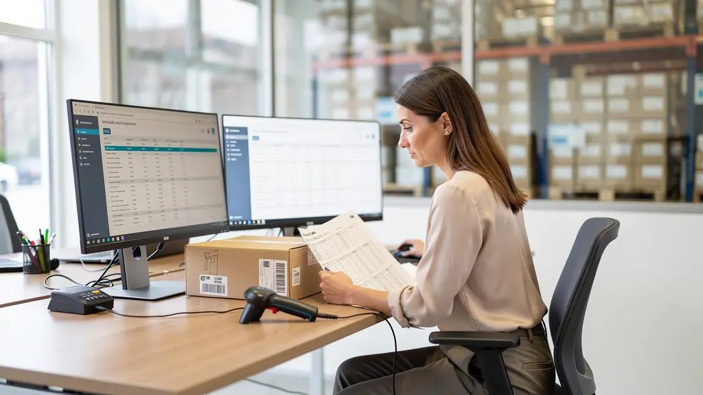 Une gestionnaire de données produits compare une fiche fournisseur avec un produit physique posé sur son bureau.