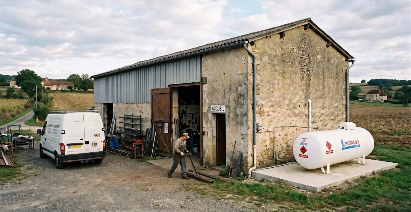 Petit atelier industriel avec installation de citerne de propane en zone rurale française.