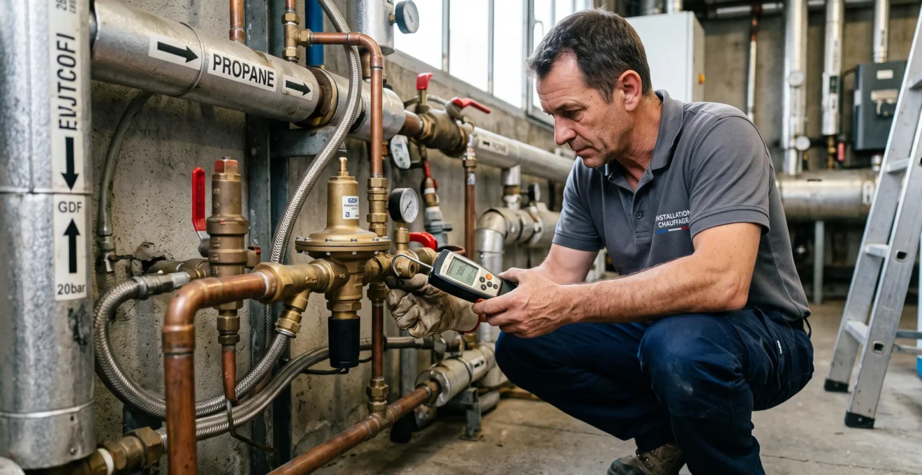 Technicien inspectant les composants d'un système de chauffage au propane dans une salle technique industrielle.