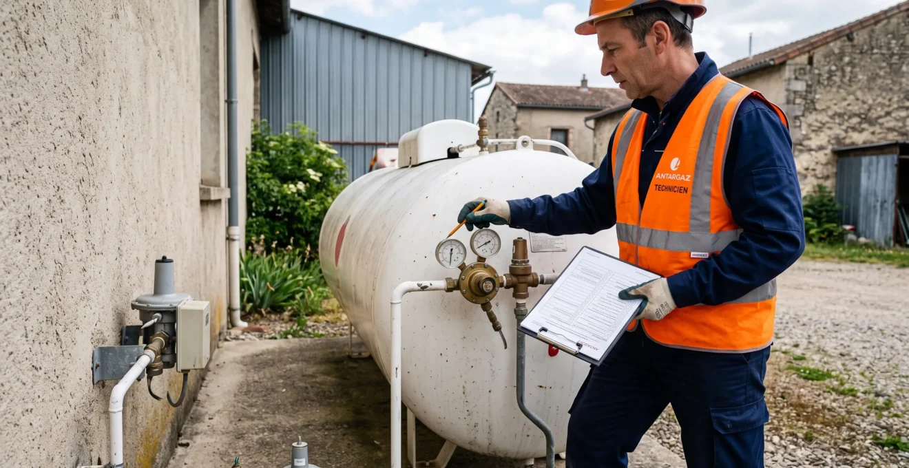 Technicien effectuant une inspection de sécurité sur une installation de citerne de propane.