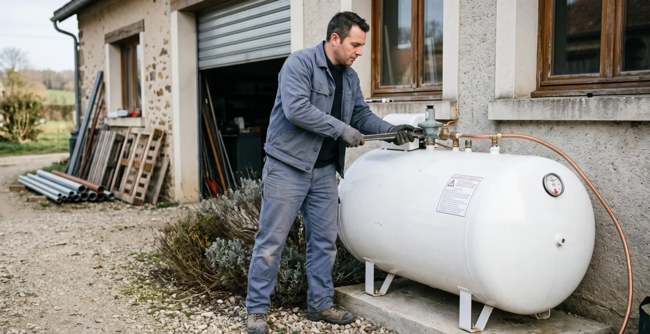 Technicien installant le raccordement d'une citerne de propane à l'extérieur d'une petite installation industrielle française.