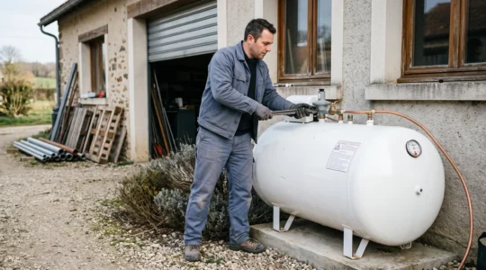 Technicien installant le raccordement d'une citerne de propane à l'extérieur d'une petite installation industrielle française.