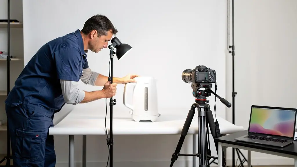 Un technicien règle un éclairage pour photographier un produit destiné à la publication en ligne.